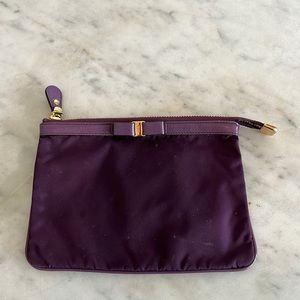 Purple nylon FERRAGAMO zip bow makeup bag w/ gold hardware